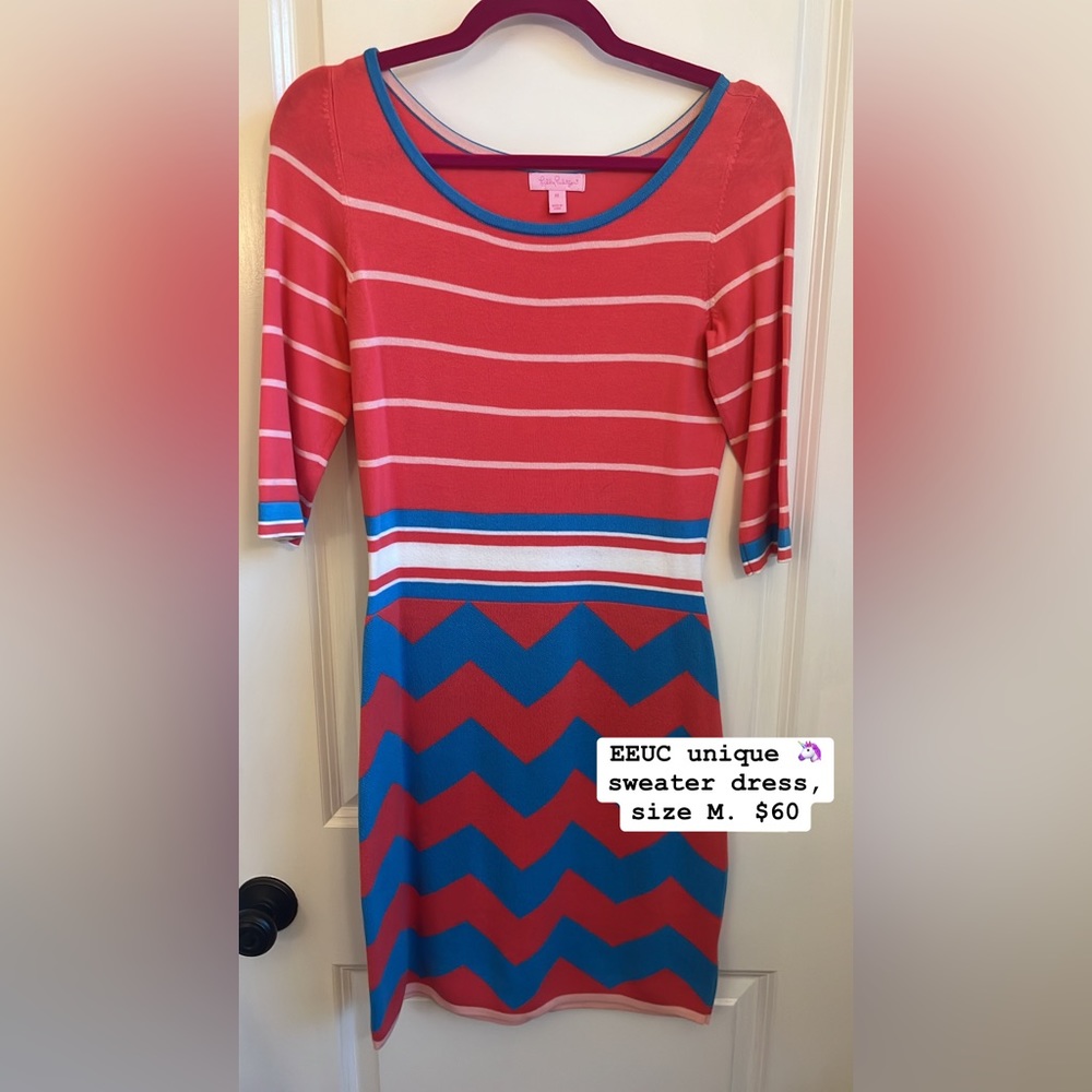 🌴EUC Lilly Pulitzer vintage sweater dress, blue& red striped 3/4 sleeve size m